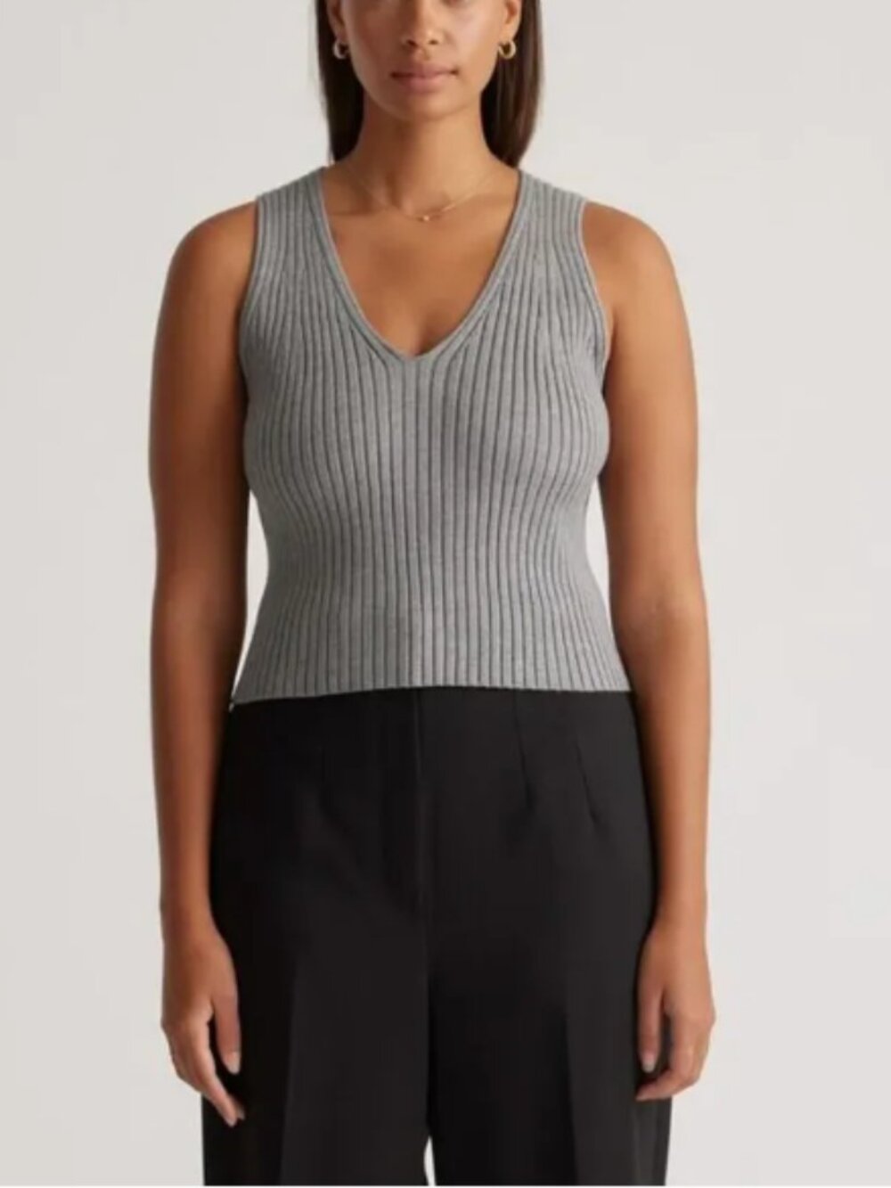 NWT Quince Eco-Knit Cropped Sweater Tank Heather Grey V-Neck Ribbed Size Medium